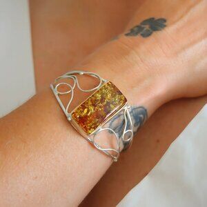 Handmade Baltic Amber Cuff Bracelet in 925 Sterling Silver
